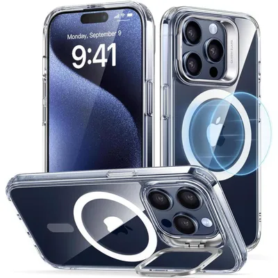 Image de Coque de protection pour iPhone 15 Pro, compatible MagSafe, avec support intégré, protection conforme aux normes militaires, dos résistant aux rayures, transparente