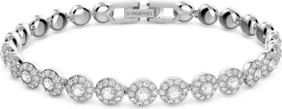 A close-up studio shot of a silver bracelet with clear crystals, set against a white background.