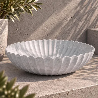 Produktbild von Runde Pflanz-Schale gewellt für draussen grau marmoriert 35 cm