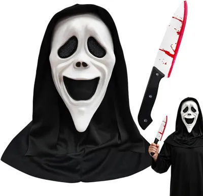 Productafbeelding van Horrormasker van latex, spookgezicht met een bloedig mes, one size, geschikt voor Halloween