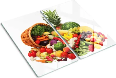 Obrázok produktu pre Sklenená ochranná doska – Kryt varnej dosky – Kryt na indukčnú dosku – 2x30x52 cm – Rýchle čistenie – Tvrdené sklo – Ovocie a zelenina