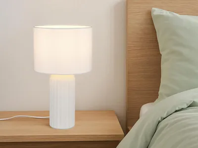 Produktbild von LED Tischlampe mit Keramikfuß & Stoffschirm Weiß, Nachttischlampe Höhe 36cm