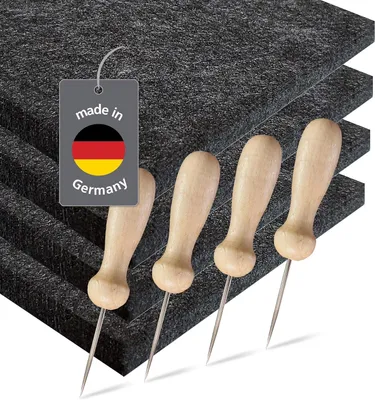 Productafbeelding van 4 hoogwaardige priksets (4 x prikvilt 20 x 14,5 x 1 cm en 4 x priknaald met houten handvat 8,2 cm) prikkels voor kinderen vanaf 3 jaar en volwassenen