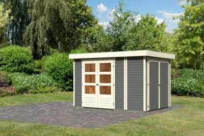 Produktbild von Karibu Gartenhaus Gerätehaus Retola 3 inkl. Anbauschrank terragrau 315x217x211 cm
