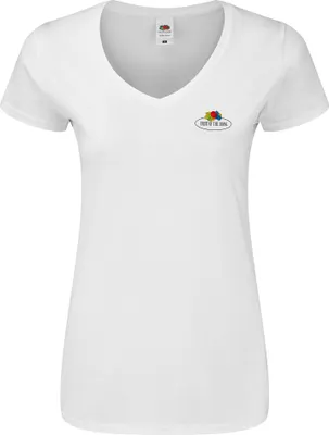 Produktbild von Fruit of the Loom Ladies Iconic 150 V-Neck T-Shirt mit Vintage-Logo auf der Brust Farbe: weiß - Vintage-Logo klein Größe: XL