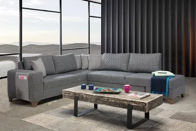 Produktbild von Ergonomischer pflegeleichter Ecksofa in Hellgrau auf stabilen Holzbeinen