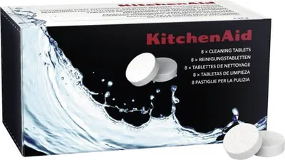 A box of KitchenAid cleaning tablets with water splashing.