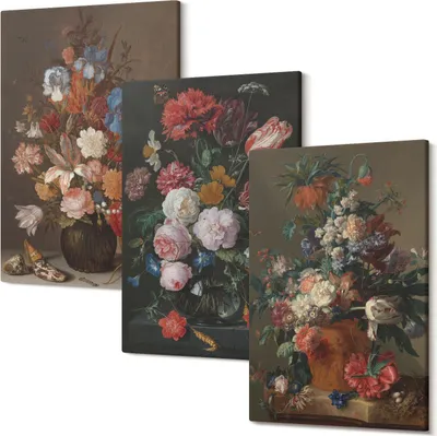 Produktbild von Wandbild – Leinwandbild – Leinwandbilder – Polycanvas – Kunstdruck – Modern – Panorama – Mehrteilig – 3-Teilig Set – Hochwertig – Lichtecht – Geruchslos – 20x30 Cm Je Element - Blumen in Vasen, verschiedene Vintage-Pflanzenkompositionen