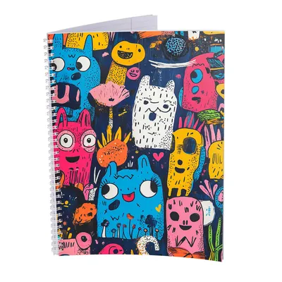 Productafbeelding van Collegeblokken – 5 stuks – Kleine Monsters – A4 – geruit – 80 bladen – 80g volume papier – met gaatjes – spiralbinding wit – met correctiemarge – studentenblok