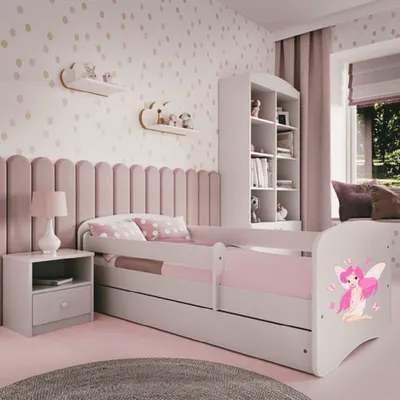 Produktbild von Kinderbett 180x80 mit Matratze, Rausfallschutz, Lattenrost & Schublade in weiß 80 x 180 Mädchen Bett rosa Fee