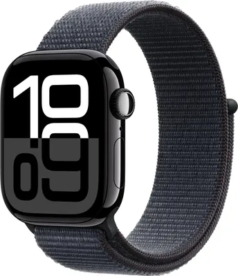 A close-up shot of an Apple Watch with a black sport loop band.