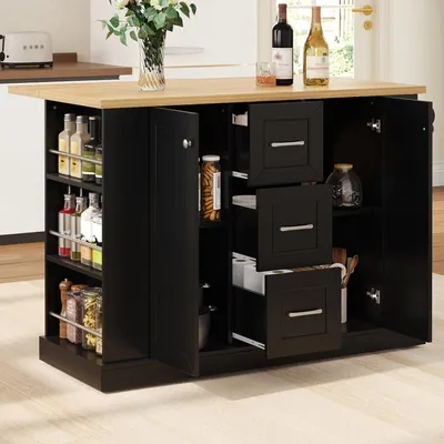 Productafbeelding van MODFU Keukeneiland, zwart, met inklapbaar eettafel, keukenkraam met 3 lades en plank, serveerwagen op wielen, 120×45(70)×90 cm