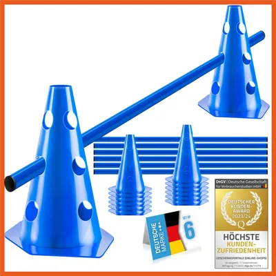 Produktbild von Agility Steckhürden Set für Hunde & Fußballtraining (6 Sets) - 100 cm Blaues Hürdenset mit Hütchen & Stangen für Sport & Tier