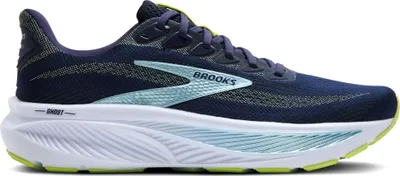 A side view of a navy blue Brooks Ghost 17 running shoe with light blue and lime green accents, shown against a white background.