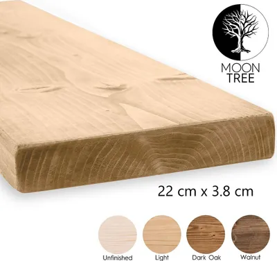 Zdjęcie produktu dla MoonTree | rustykalna drewniana półka ścienna Berg, 22x3,8x200cm, jasny brąz | Półka wisząca, półka ścienna drewniana do salonu, kuchni