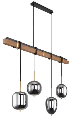 Zdjęcie produktu dla Globo Lighting lampa wisząca metal czarny mat, drewno brązowe, szkło, kabel tekstylny czarny, wysokość można skrócić, 4 różne szkła, DxWxH: 1000x185x1400mm, bez 4x E14 40W 230V