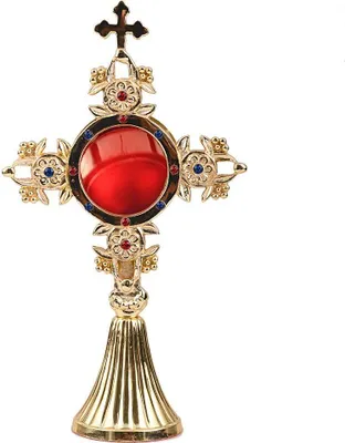 Produktbild von Monstranz Reliquiar H 25cm mit Steinen Golden Reliquienhalter Hausaltar Neu 2843
