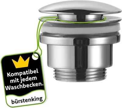 Produktbild von Bürstenking Universal Ablaufgarnitur, für Waschbecken und Waschtisch, einfache Montage und Reinigung, 1 1/4" Anschlussgewinde, aus Messing, Wasserstopp mit Push Open Funktion, chrom