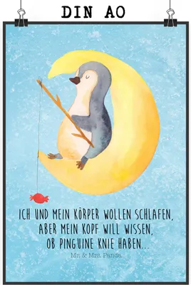 Produktbild von Mr. & Mrs. Panda Bild Pinguin Mond DIN A0 - Eisblau - Geschenk, Posterdruck, Pinguine, kunstdruck poster, Wandbild, Angel, Plakat, Spruch, Neugierig, drucke, Süßigkeiten