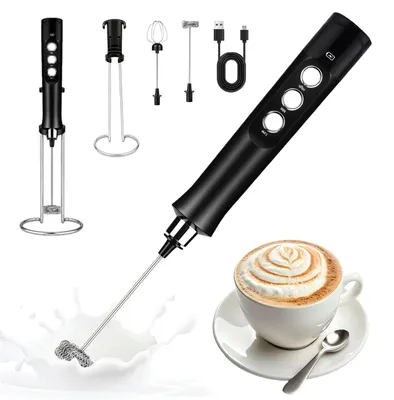 Milchaufschäumer, USB-C, 2 Edelstahl-Schneebesen, 3 Stufen