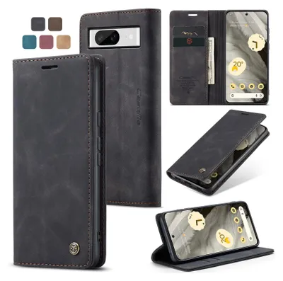 Collage of a black leather flip phone case for a Google Pixel 8, showing different angles and color options.