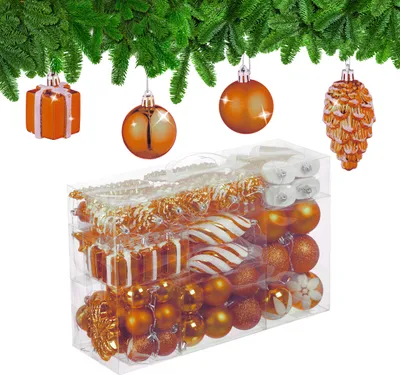Imagen del producto de Relaxdays, juego de 72 adornos navideños, con acabados brillantes, mate y relucientes, en forma de bolas, botas, corazones y piñas, fabricados en plástico, color naranja