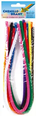 Produktbild von folia 77809 - Chenilledraht, Pfeifenputzer, 10 Stück sortiert in 10 Farben, Durchmesser 8 mm und 50 cm lang, ideal für Kinder zum Basteln und Gestalten von Tieren, Figuren und anderen Formen