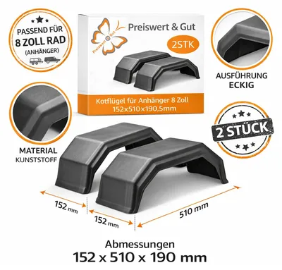 Produktbild von 2x Kotflügel Anhänger 8 Zoll Radkasten Kunststoff Links Rechts 510x152x190 mm