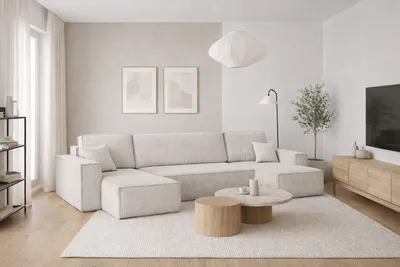 A modern living room with a large sectional sofa, coffee table, and TV.