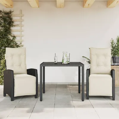 Produktbild von Design 3-tlg. Garten-Essgruppe mit Kissen Schwarz Poly Rattan, Gartenmöbel-Sets 2024 Neu