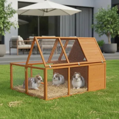 Three rabbits in a wooden hutch with a wire mesh roof, placed on a green lawn in front of a modern house with outdoor furniture and an umbrella.