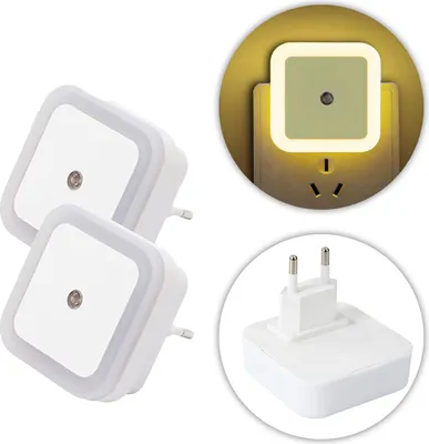 A collage of images showing LED night lights, one plugged into a wall socket, and another showing the plug itself.