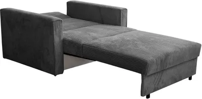 A gray sofa bed is shown in its extended state, revealing the sleeping area.