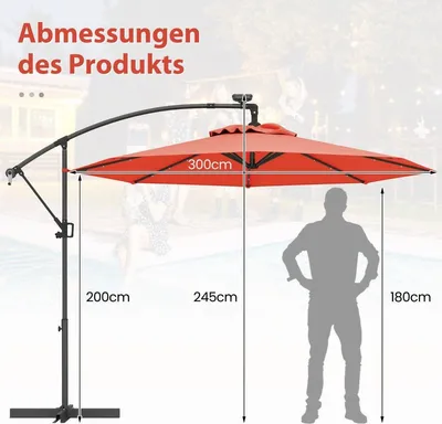 Produktbild von 300 cm Solar-LED-Terrassenschirm mit Kurbel, Orange