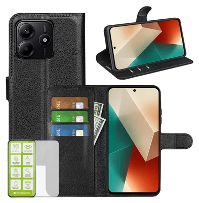 Image de Étui portefeuille en similicuir noir pour Xiaomi Redmi Note 14 5G + verre de protection H9