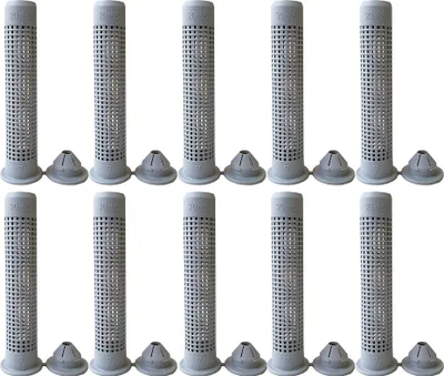A top-down view of ten gray cylindrical sleeves with perforated sides and conical bases, arranged in two rows of five.