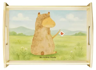 Produktbild von Mr. & Mrs. Panda Dekotablett Alpaka Fahne Design - Weiß - Geschenk, Tablett, Lama, Lamas, Liebe, für bett, Deko, Sofa, holz, Serviertablett, Alpakas