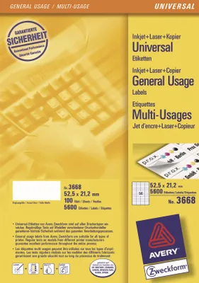 Obrázok produktu pre Avery 3668, Biela, Samolepiaci štítok, A4, Papája, Laserový, Permanentný