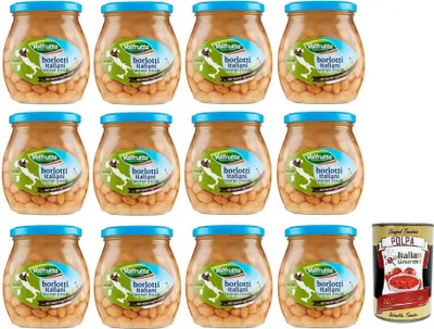 Produktbild von 12x Valfrutta Fagioli Borlotti,Italienische Borlotti-Bohnen,Hülsenfrucht Gemüse Gekochte Bohnen,Glas 570g + Italian Gourmet Polpa di Pomodoro 400g Dose