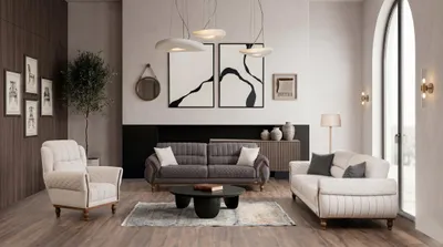 Immagine prodotto di Divano beige-grigio, set composto da divani a 3, 2 e 1 posto. Divani in tessuto, design moderno
