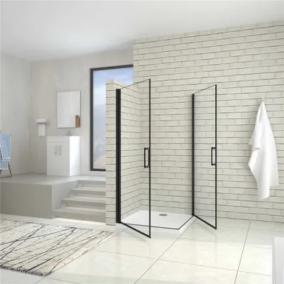 Produktbild von Eckeinstieg 100x80xH.200cm schwarze Duschkabine mit Duschtasse 8mm NANO ESG-Glas Schwingtür Drehtür eckdusche Duschabtrennung