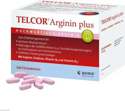 A box of TELCOR Arginin plus tablets with some tablets scattered in front of it.