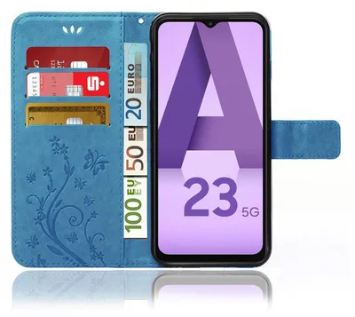 Produktbild von Handy Tasche für Samsung Galaxy A23 / A23 5G Schutz Hülle Handyhülle mit Blumenmuster Klapp Hülle mit Standfunktion und Kartenfächer Blau