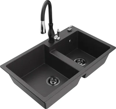 Produktbild von Mexen Tomas 2-Becken-Granitspüle mit Mischbatterie Savita, Schwarz gesprenkelt - 6516-76-672601-70-B