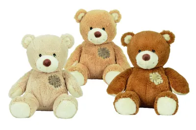 Three teddy bears of different colors are sitting on a white background.