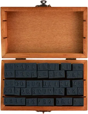 Produktbild von Stempelset Alphabet, 70 Teile, Holz, Buchstaben, Zahlen, Symbole, für Basteln