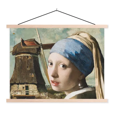 Produktbild von MuchoWow® Textilposter Das Mädchen mit dem Perlenohrring - Mühle - Vermeer 60x45 cm mit holzfarbenen Rahmen - Bild