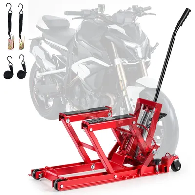 Immagine prodotto di Sollevatore idraulico per moto VEVOR fino a 680 kg, regolabile in altezza da 115 a 385 mm, piattaforma di sollevamento con 4 ruote e comando a pedale. Sollevatore ideale per ATV, moto da cross e moto da strada. Colore: rosso