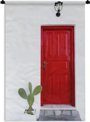 Produktbild von MuchoWow® Wandteppich Wandbehang Kaktus in der Nähe einer roten Tür 60x90 cm Tapisserie Dekoration Wandtuch - Foto-Teppich - Abwaschbar