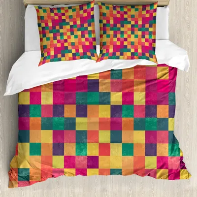 Produktbild von ABAKUHAUS Abstrakt Bettbezug Set, Vintage Geometric-Art-Muster mit bunten Schmutz-Entwurf Squares Grafik, 200 x 200 cm + 80 x 80 cm, Mehrfarbig